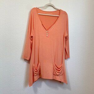 Soft Surroundings Freya Henley Tunic Top Peach Coral Pocket Front Boho Modal